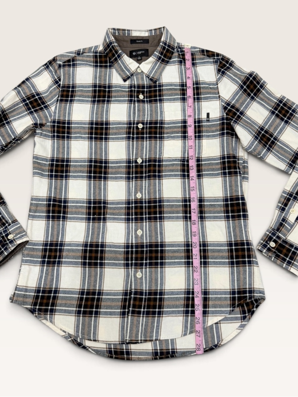 AG Men’s Small Aiden Plaid 100% Cotton Flannel Button-Up Shirt NWT Cream/Navy - Picture 12 of 16